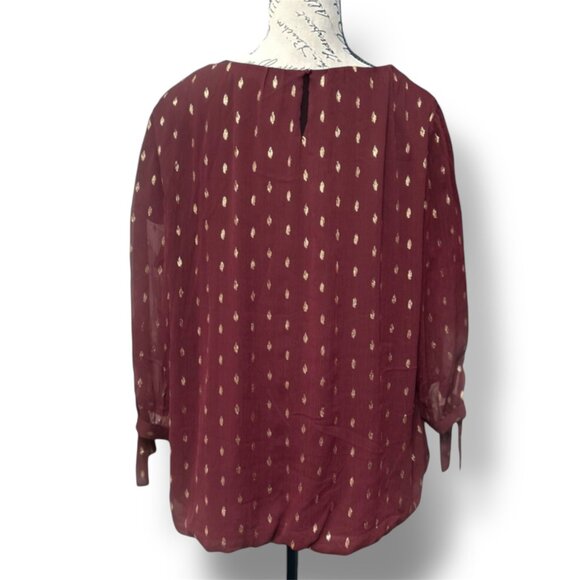 Sara Michelle 3X Burgundy Print Blouse Tie Sleeve Boho Chic Fall Work Casual - Picture 4 of 8